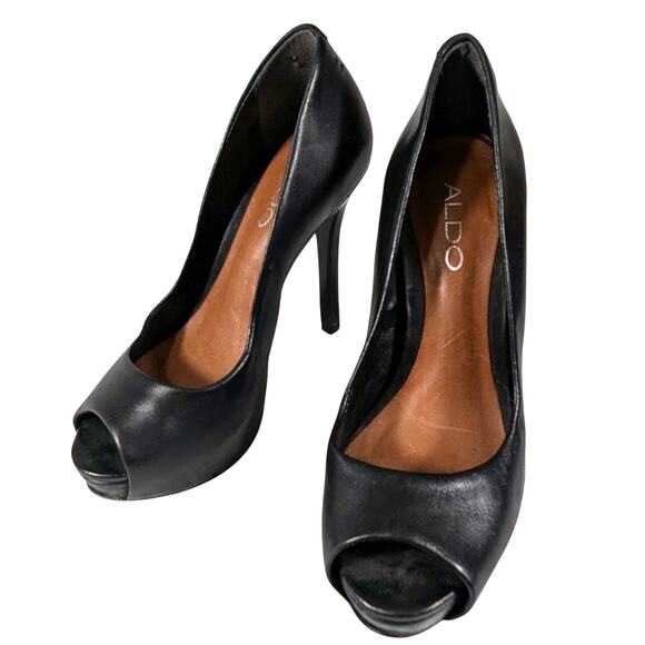 ALDO! GORGEOUS BLACK GENUINE ALL LEATHER PEEP TOE STILETTO PUMPS, HEELS! SZ 4.5 - Picture 1 of 10